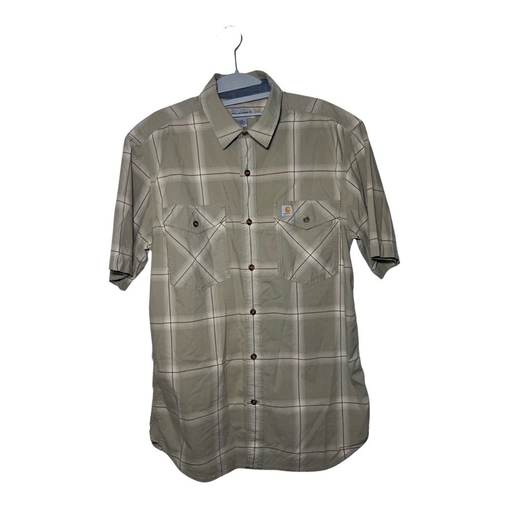 CARHARTT MEN'S MEDIUM KHAKI RUGGED FLEX BOZEMAN PLAID SHORT SLEEVE WORK SHIRT